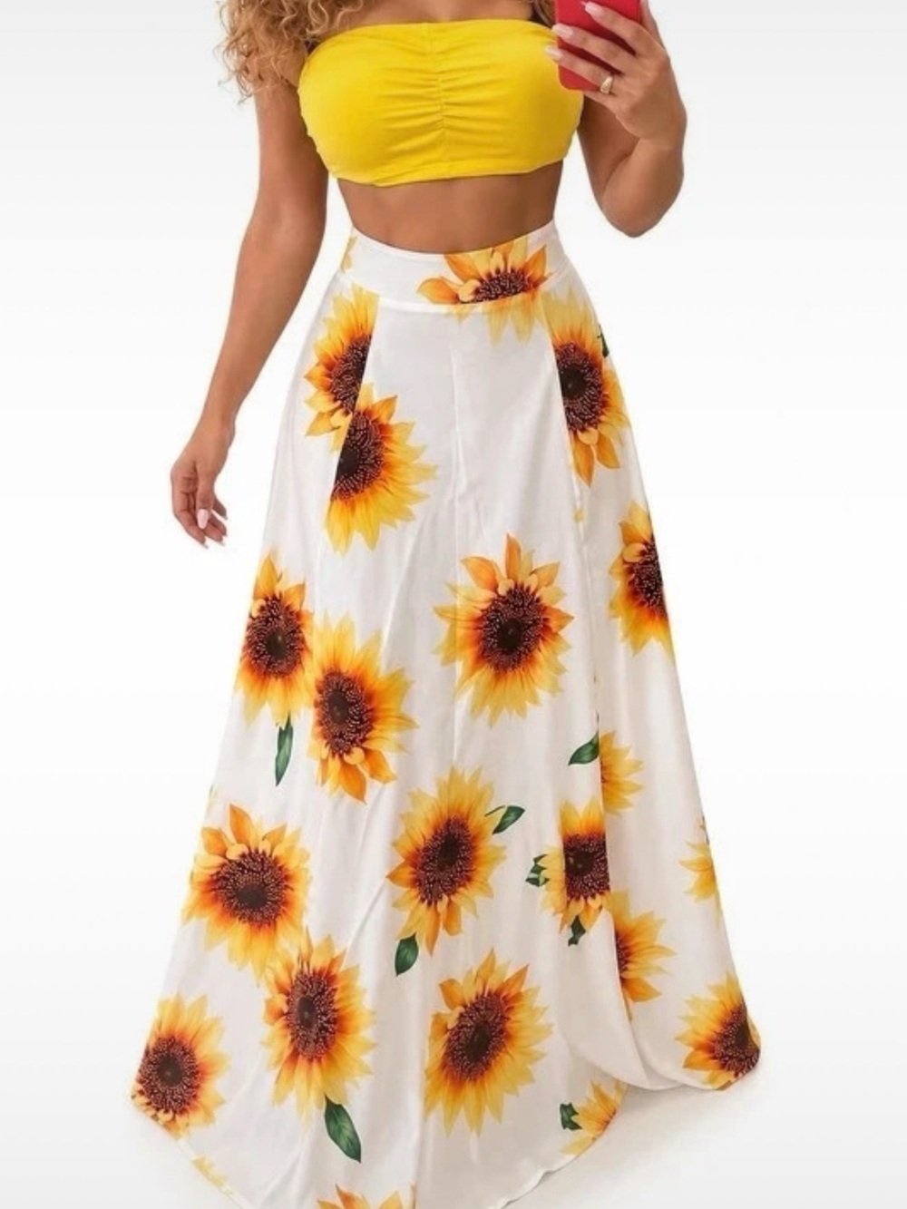 Sunflower Print White Maxi Skirt - Bright Yellow Floral size L